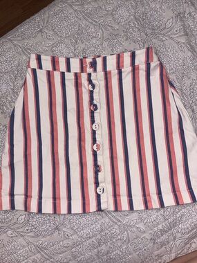Striped Button-Front Mini Skirt - Pink, Blue & White